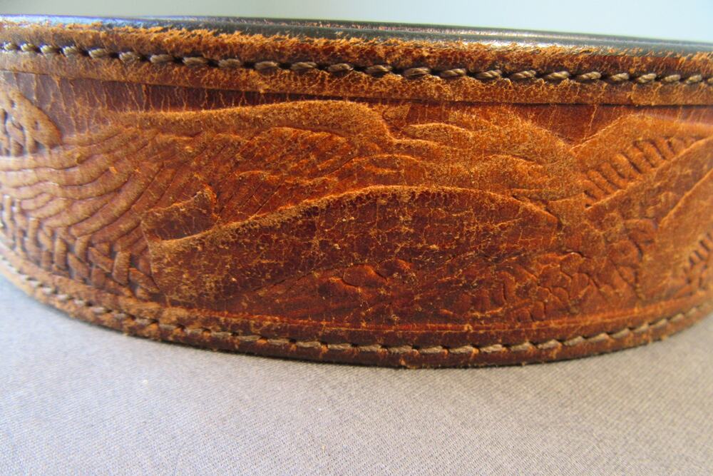 Vtg Brown Leather Belt Handtool Western Floral Scroll Pattern Stitched Edges 40